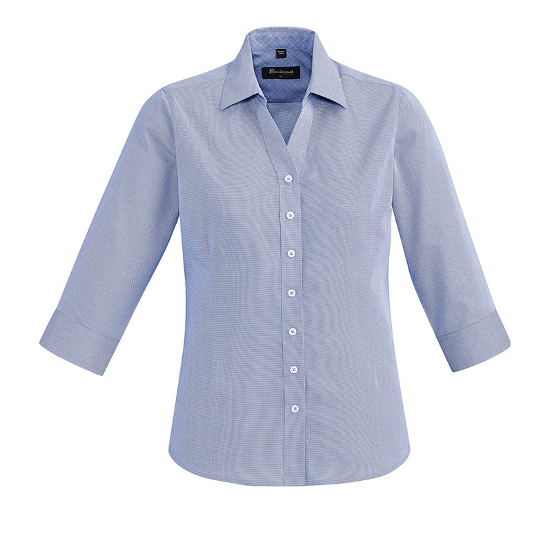 Load image into Gallery viewer, Biz Womens Hudson 3/4 Sleeve Shirt, featuring a blue and white striped pattern with a relaxed silhouette, button-down front, and collar. Made from breathable, lightweight 100% cotton yarn-dyed dobby fabric.