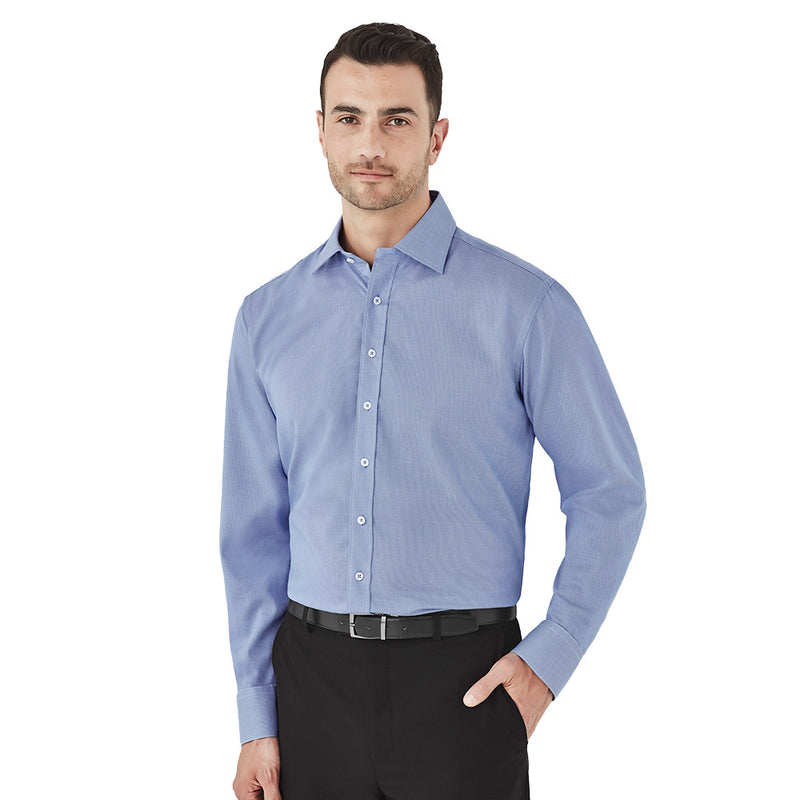 Load image into Gallery viewer, Biz Mens Hudson Long Sleeve Shirt with a relaxed silhouette, featuring a button-down collar and loose chest pocket, made from breathable yarn-dyed dobby fabric, ideal for workplace environments.