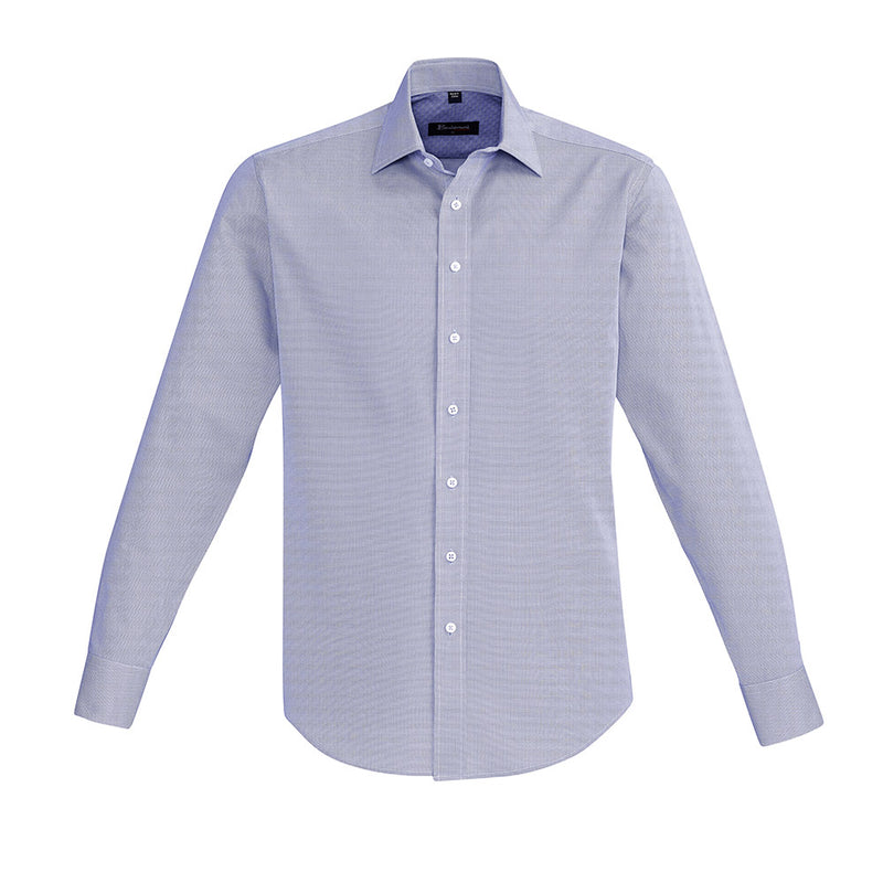 Load image into Gallery viewer, Biz Mens Hudson Long Sleeve Shirt featuring a button-up collar and a loose chest pocket, crafted from breathable 100% cotton yarn-dyed dobby fabric, ideal for professional and relaxed settings.