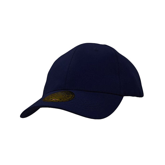 Cotton/Spandex Dream Fit Cap featuring a structured 6-panel design, pre-curved peak, and gold logo, ideal for workplace safety and comfort with its unique elasticized sweatband and poplin-lined seams.