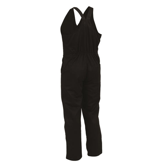 Easi Action Bib Overalls Polycotton (EAZPC) featuring an elastic shoulder strap, zipped front, pen and cellphone pocket, and durable YKK metal zip, designed for workplace durability and functionality in safety environments.