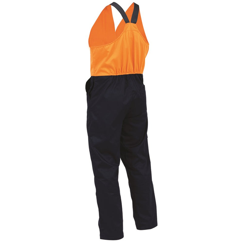 Load image into Gallery viewer, Easi Action Bib Overalls Polycotton (EAZPC) featuring elastic shoulder straps, a zipped front, pen and cellphone pocket, and side entry openings, ideal for workplace safety and utility.