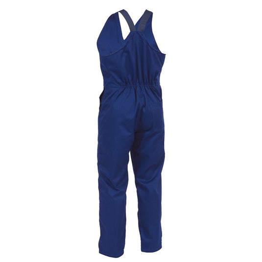 Easi Action Bib Overalls Polycotton (EAZPC) featuring adjustable elastic shoulder straps, a zipped front, and multiple pockets, designed for durability with bar tacked stress points and rust-proof metal zip. Ideal for professional workwear.