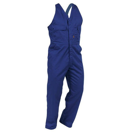 Easi Action Bib Overalls Polycotton (EAZPC) with elastic shoulder straps, zipped front, and multiple pockets, designed for durability with bar-tacked stress points, ideal for workplace safety from Active Safety.
