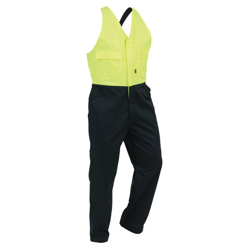 Load image into Gallery viewer, Easi Action Bib Overalls Polycotton (EAZPC) featuring a zipped front, elastic shoulder straps, and pockets for pen and cellphone, designed for durability with bar tacked stress points and heavy-duty YKK zip.