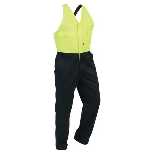 Easi Action Bib Overalls Polycotton (EAZPC) featuring a zipped front, elastic shoulder straps, and pockets for pen and cellphone, designed for durability with bar tacked stress points and heavy-duty YKK zip.