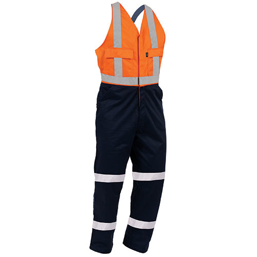 Bison Taped Easi-Action Overall Cotton, Orange/Navy, featuring reflective stripes, elastic shoulder straps, multiple pockets, and a YKK zip closure, ideal for safety-focused work environments.