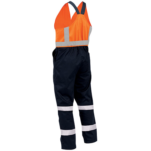 Bison Taped Easi-Action Overall Cotton, Orange/Navy features reflective stripes, elastic shoulder straps, zip front, and multiple pockets, designed for safety and practicality in workplace environments. Ideal for active safety needs.