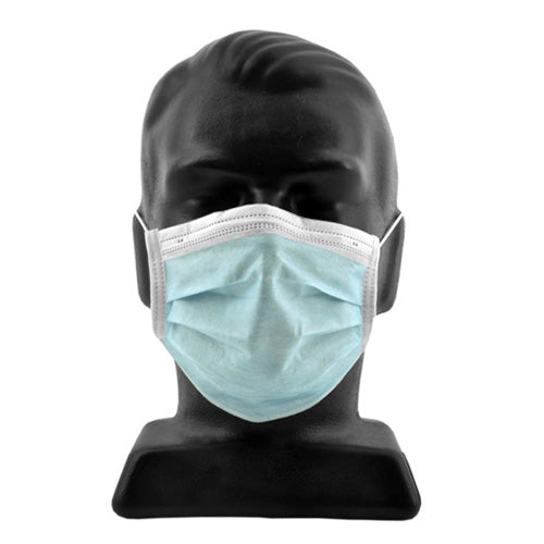 3 Ply Ear Loop Face Mask: Box/50 displayed on a black mannequin, highlighting the mask's nonwoven 3ply design and adjustable nose bridge, ideal for safety and comfort. Perfect for workplace protection.