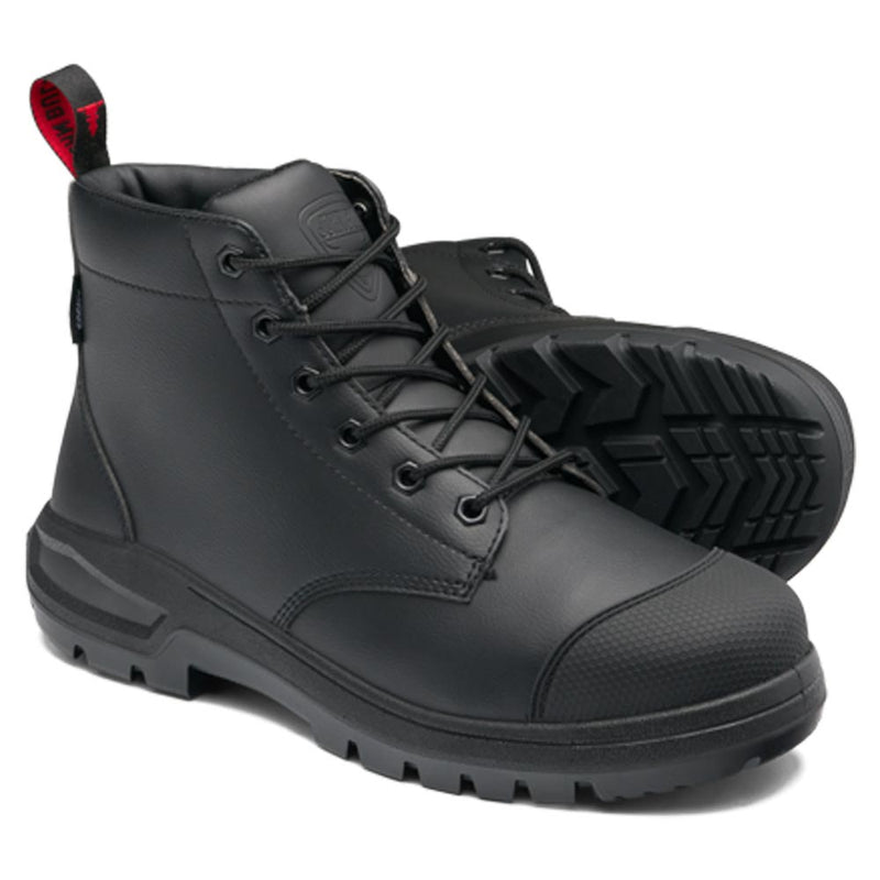 Load image into Gallery viewer, The John Bull Angus Lace Up Safety Boot features a black lace-up design, steel toe cap, slip-resistant outsole with deep treads, padded ankle collar, and pull-tabs, ideal for light industrial work.