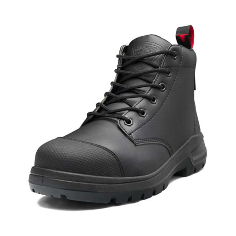 Load image into Gallery viewer, John Bull Angus Lace Up Safety Boot featuring a black microfibre upper, chunky slip-resistant sole, reinforced steel toe, and pull tab. Designed for light work with heat-resistant sole and gel footbed for comfort.
