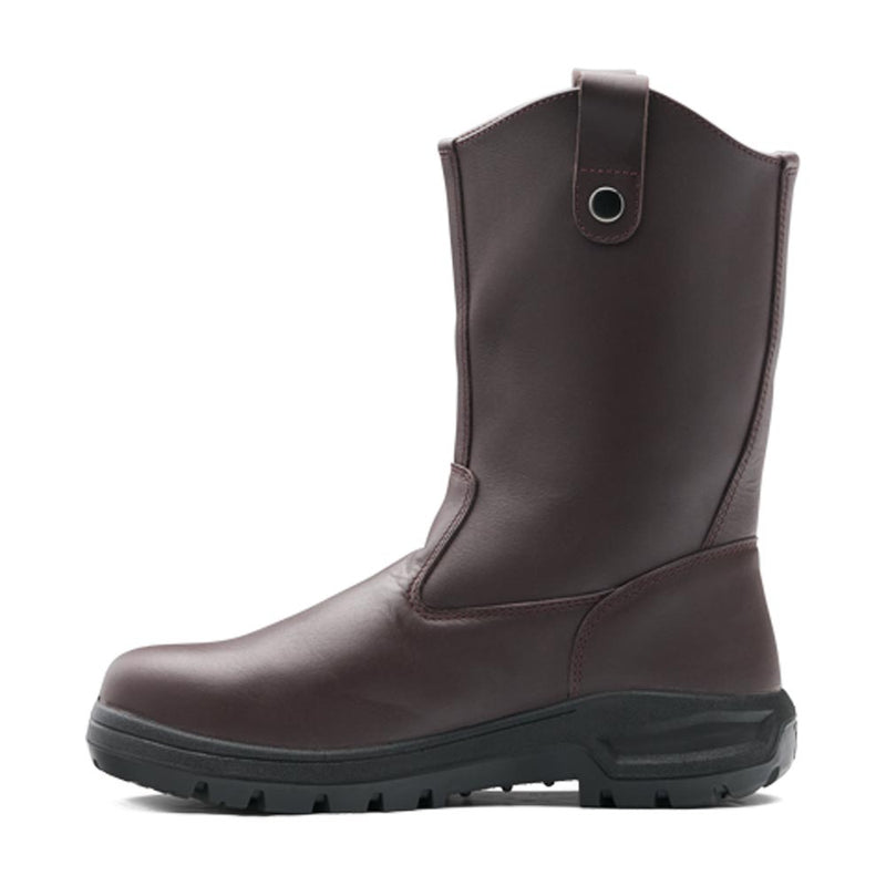 Load image into Gallery viewer, John Bull Explorer High Leg Slip on Boot features a brown leather-look upper with a sturdy black rubber lug sole, snap-style rivet tab, and steel toe cap, designed for heavy industry work.