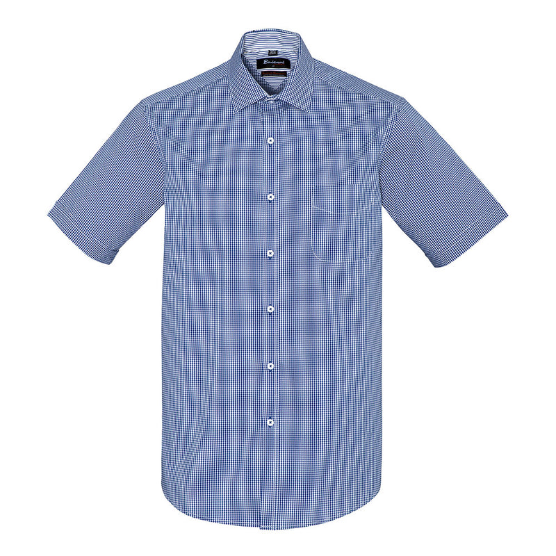 Load image into Gallery viewer, Biz Mens Newport Short Sleeve Shirt features a blue and white checkered pattern, offering premium comfort with a cotton-rich, yarn-dyed gingham fabric, ideal for professional and uniform settings.