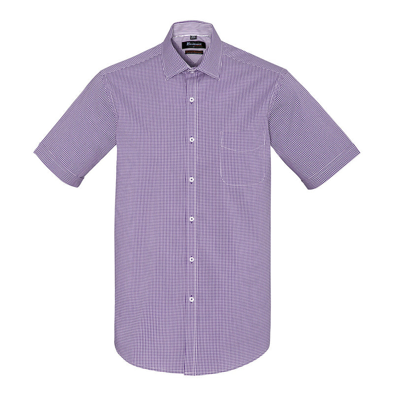 Load image into Gallery viewer, Biz Mens Newport Short Sleeve Shirt features a purple and white checkered pattern, crafted from a cotton-rich fabric with polyester and elastane for durability and comfort, ideal for workplace settings.