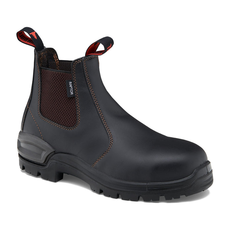 Load image into Gallery viewer, John Bull Raptor 3.0 Safety Boots featuring a black design with distinctive red stitching, showcasing a durable steel toe cap and a moulded PU Bull Bar scuff cap, ideal for workplace safety.