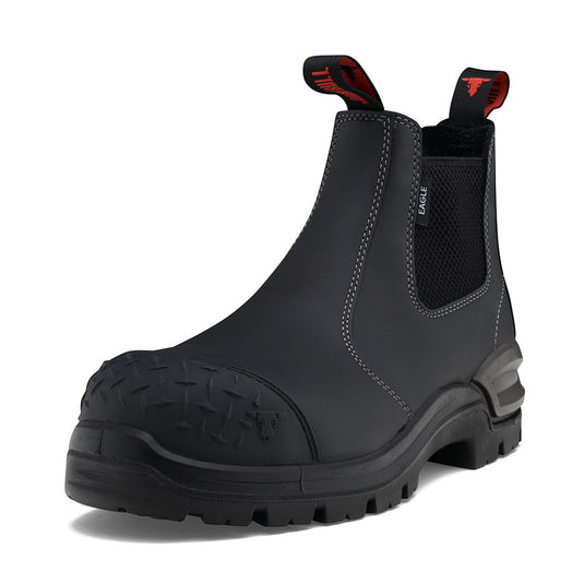 John Bull Eagle 3.0 Safety Boots featuring a robust design with black construction, red accents, and a protective TPU toe cap, ideal for demanding work environments.