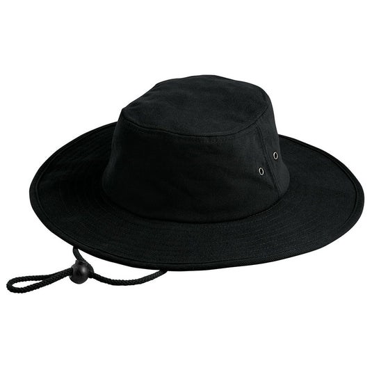 Surf Wide Brim Hat with a cord and slide toggle, featuring heavy brushed cotton and a padded sweatband. Ideal for workplace safety, offering excellent UPF 50+ sun protection with gunmetal eyelets.