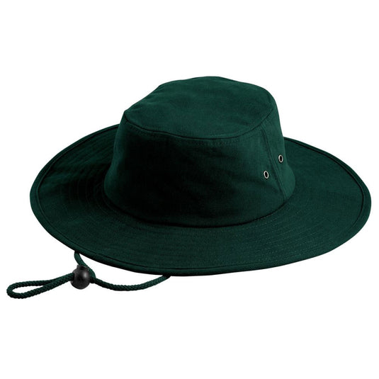 Surf Wide Brim Hat featuring a wide brim design, cord with slide toggle, padded sweatband, and gunmetal eyelets, providing excellent UV protection with UPF 50+ rating. Perfect for outdoor safety and comfort.
