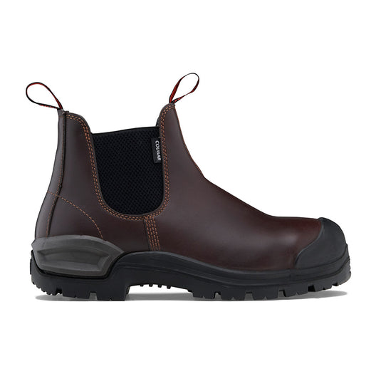 John Bull Cougar 3.0 Safety Boots with black soles, featuring a steel toe cap and CushionCore technology for shock absorption and rebound. Ideal for demanding work environments like construction and heavy industry.