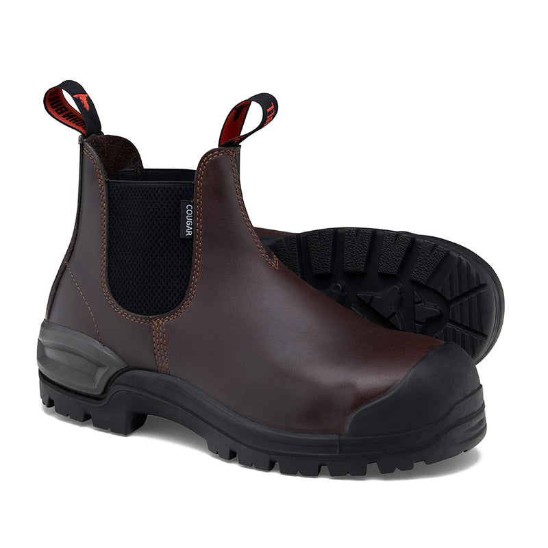 Load image into Gallery viewer, John Bull Cougar 3.0 Safety Boots, crafted from durable brown leather, feature a robust build with a steel toe cap and TPU outsole, designed for tough work conditions and enhanced comfort with CushionCore technology.