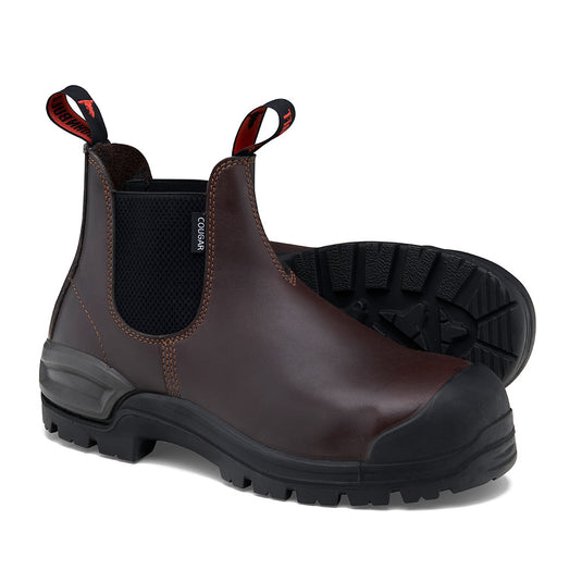 John Bull Cougar 3.0 Safety Boots, crafted from durable brown leather, feature a robust build with a steel toe cap and TPU outsole, designed for tough work conditions and enhanced comfort with CushionCore technology.