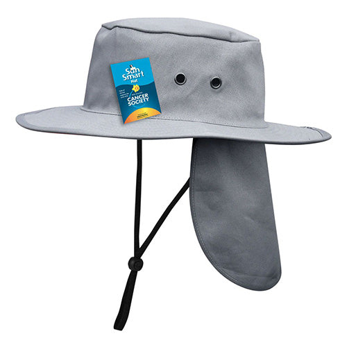 SunMaster Wide Brimmed Hat featuring a grey design with a small blue tag, offers a practical foldaway flap for enhanced UV protection, ideal for safety and outdoor activities.