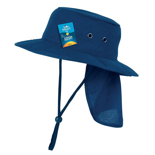 SunMaster Wide Brimmed Hat featuring a cotton twill design with a small blue tag and a practical foldaway flap for UV protection, ideal for safety and outdoor work environments.