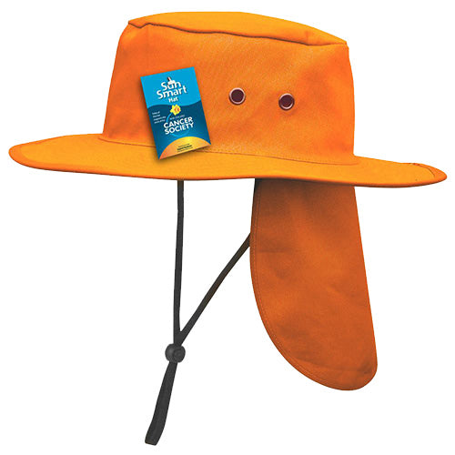 SunMaster Wide Brimmed Hat with a small blue tag, featuring a practical foldaway flap for UV protection. Ideal for safety-conscious outdoor activities, aligning with Active Safety's commitment to protective gear.