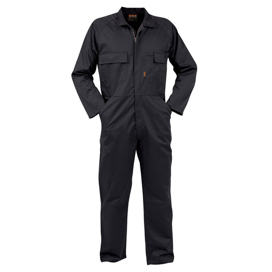 Bison Polycotton Overalls Zip featuring multiple pockets, including pen, cellphone, hip, and rule pockets, with a heavy-duty YKK zip, elastic back for comfort, and bar-tacked stress points.