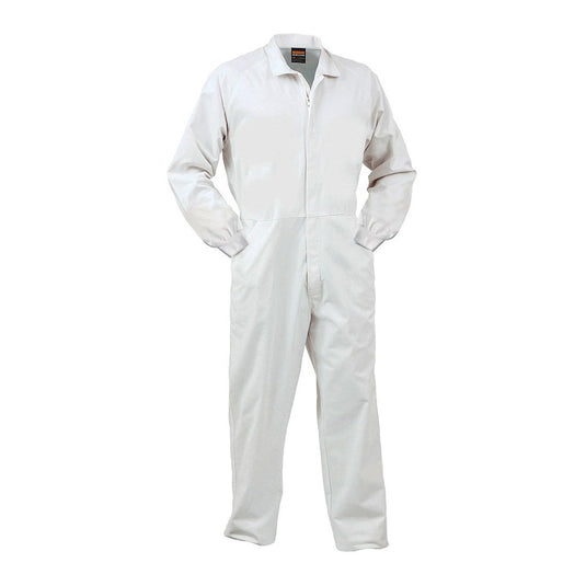 Polycotton Food Industry Zip Overall features a YKK nylon zip front, elasticated back waist, internal chest pocket, and ribbed cuffs, ideal for workplace safety and comfort.