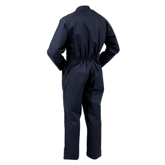 Bison Premium 100% Cotton Overall Zip, featuring a back view with twin stitched pockets, elastic back, and a heavy-duty YKK zip; designed for comfort and utility in safety workwear.