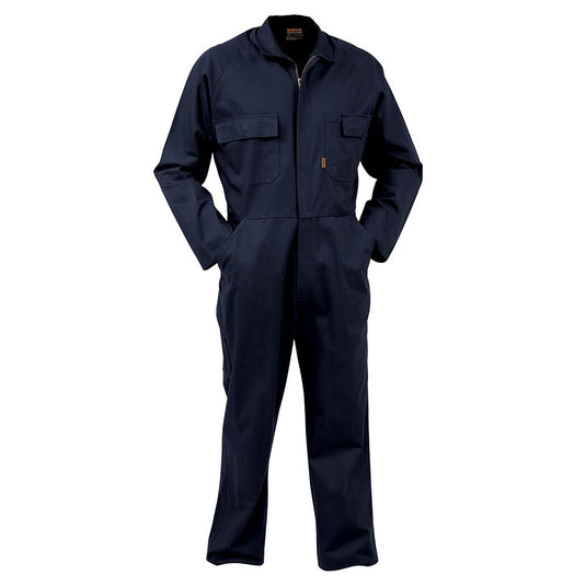 Bison Premium 100% Cotton Overall Zip featuring multiple functional pockets, including pen, cellphone, and breast pockets with concealed dome, elastic back, and YKK heavy duty zip, ideal for safety workwear.