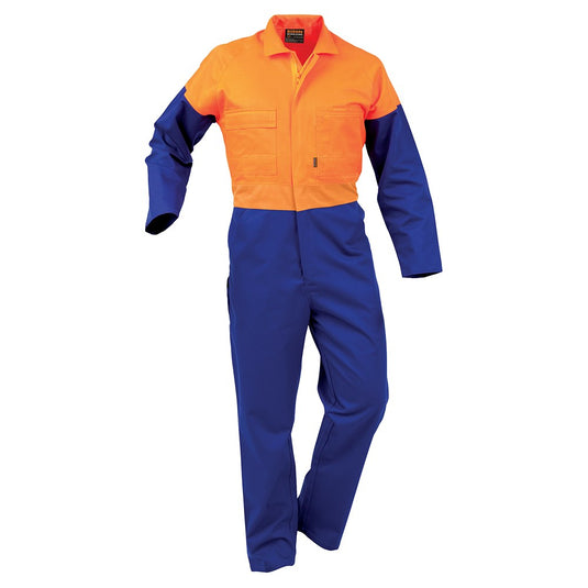 Bison Polycotton Zip Overalls with YKK non-conductive two-way zip, featuring flap chest pockets, internal phone pocket, and dome-adjustable sleeves, ideal for daytime hi-vis workwear from Active Safety.