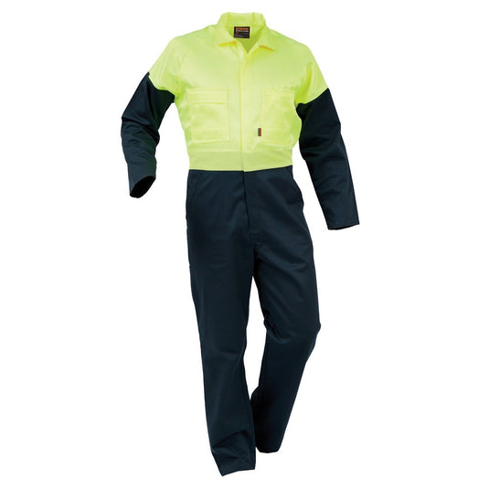Bison Polycotton Zip Overalls featuring a YKK non-conductive two-way zip, chest and internal phone pockets, tool pocket, and dome-adjustable sleeves, ideal for daytime Hi-Vis safety in workplace environments.