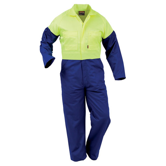 Bison Polycotton Zip Overalls, featuring a durable 240gsm 65/35 polycotton blend, YKK non-conductive zip, multiple functional pockets, and adjustable sleeves, designed for workplace safety and comfort.