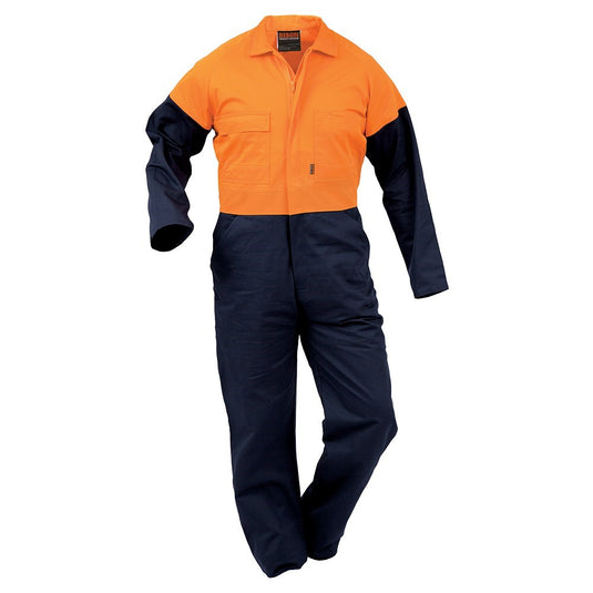 Bison Day Only Vision Cotton Zip Overalls featuring 100% cotton fabric, YKK two-way zip, multiple pockets, and dome sleeve adjustments, designed for daytime hi-vis compliance in demanding work environments.