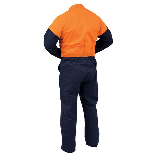Bison Day Only Vision Cotton Zip Overalls worn by a person, featuring a two-way zip, chest pockets, and a tool pocket on the leg, ideal for safety and workwear applications.