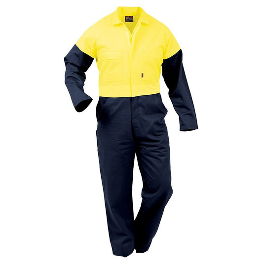 Bison Day Only Vision Cotton Zip Overalls featuring a YKK non-conductive zip, chest pockets, internal phone pocket, and dome-adjustable sleeves, designed for daytime high-visibility and workplace safety.