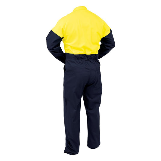 Bison Day Only Vision Cotton Zip Overalls, showcasing a back view, feature a non-conductive YKK zip, chest pockets, an internal phone pocket, and tool pockets, designed for daytime hi-vis safety compliance.