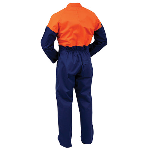 Load image into Gallery viewer, Arcguard FR Cotton D/O Zip Overall, Orange/Navy (FDPCO), shown from the back, features a non-conductive zip, twin-stitched pockets, and a covered elastic waist, ideal for workplace safety and protection.