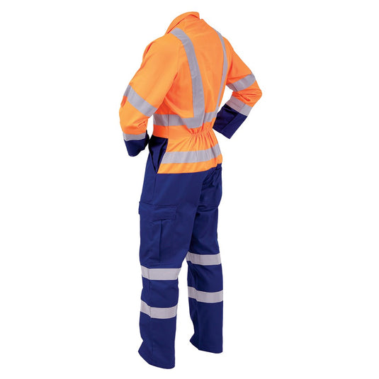 Bison Hi Vis Polycotton Taped Zip Overalls featuring reflective tape, cargo pockets, and a YKK two-way zip, designed for safety and functionality in workplace settings.