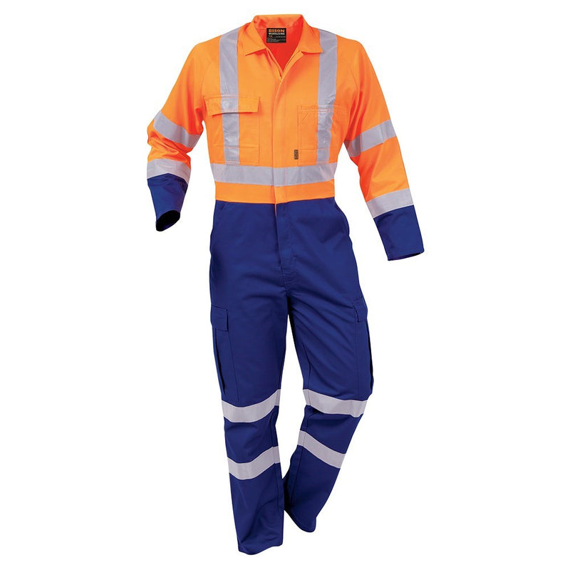 Load image into Gallery viewer, Bison Hi Vis Polycotton Taped Zip Overalls featuring reflective tape, chest and cargo pockets, and YKK two-way zip, designed for day and night safety compliance, ideal for workplace safety needs.