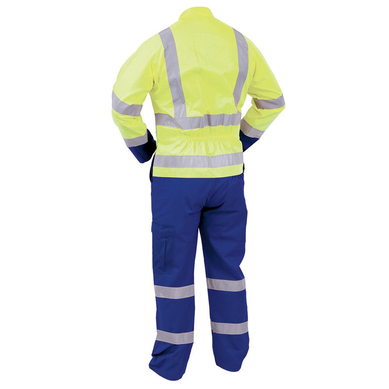 Load image into Gallery viewer, Bison Hi Vis Polycotton Taped Zip Overalls featuring reflective stripes, chest pockets with closures, cargo pockets, and a YKK two-way zip, ideal for day and night safety workwear.