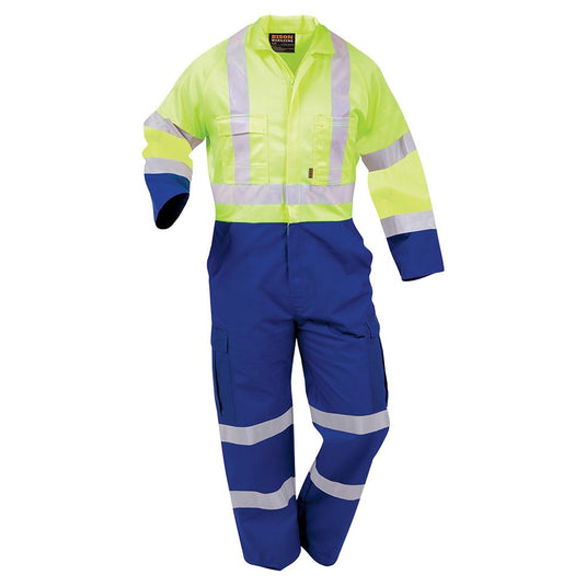 Bison Hi Vis Polycotton Taped Zip Overalls, featuring reflective tape, a YKK two-way zip, and multiple functional pockets, designed for high visibility and safety in work environments.