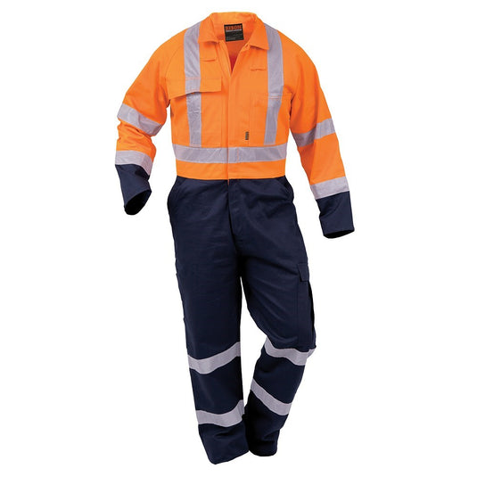 Bison Cotton Day/Night Zip Overall (CTPCO) showcasing long sleeves, twin-stitched seams, and multiple pockets, designed for safety with retro-reflective tape and non-conductive zippers, ideal for workplace protection.