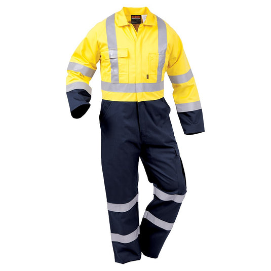 Bison Cotton Day/Night Zip Overall (CTPCO) features a long-sleeve design with reflective tape, multiple pockets, and a zip closure, ideal for safety and workwear.
