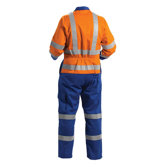 Arcguard FR A/S Day/Night 240gsm Overall, Orange/Royal (FTPCNLW) shown worn, featuring protective workwear design, visible front zipper, and pockets, ideal for workplace safety with flame retardant and arc protection properties.