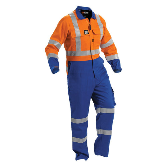 Arcguard FR A/S Day/Night 240gsm Overall, Orange/Royal (FTPCNLW) featuring a blue and orange design with reflective stripes, cargo and tool pockets, and Velcro-adjustable cuffs for enhanced workplace safety.