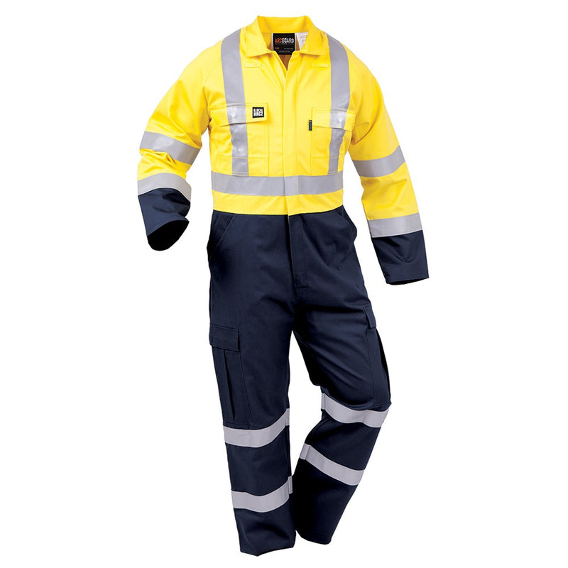 Load image into Gallery viewer, Arcguard Flame Retardant Zip Overalls (FTPCO) showcasing high-visibility yellow design with reflective tape, long sleeves, zip front, and multiple pockets, ideal for industrial safety and protection in harsh environments.