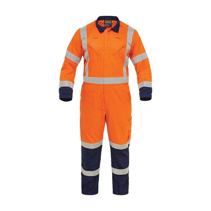 Load image into Gallery viewer, Bison LW Cotton TTMC-W Overall, Orange/Navy (CTPCOLW) featuring YKK non-conductive zip, zipped chest pockets, and Velcro adjustable cuffs, designed for durability and ventilation, suitable for high-visibility workwear.
